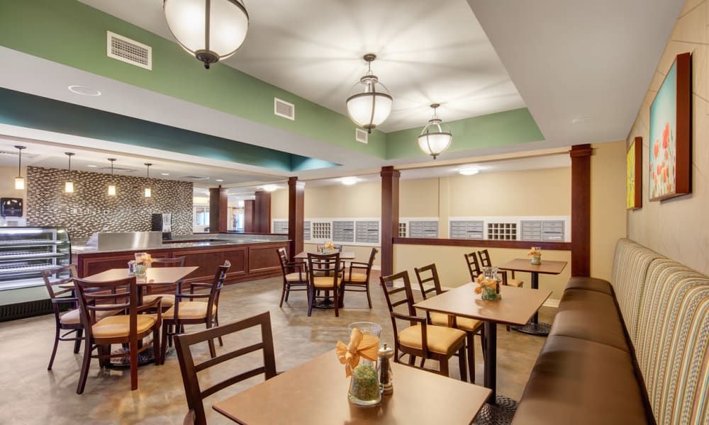 Interior view of Grayslake senior living community featuring dining area, lounge, and art.
