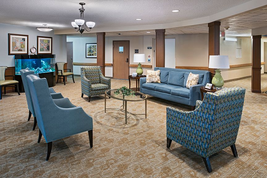 Interior view of American House Southgate senior living community featuring modern decor.