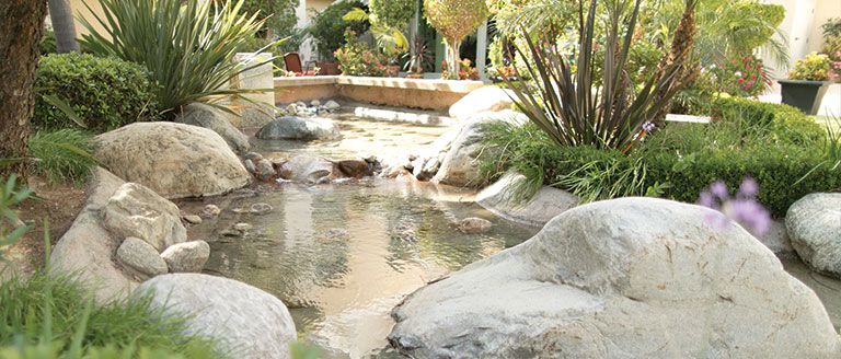 Senior living community Villa Gardens featuring a lush landscape, backyard pond, and garden.
