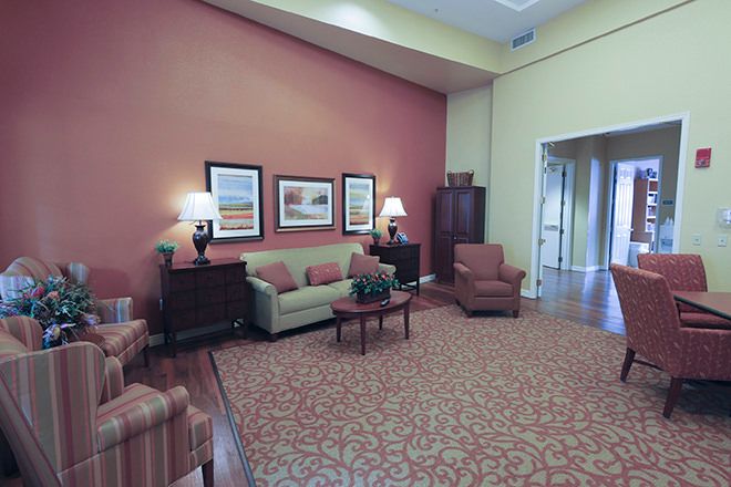 Interior view of Brookdale Baywood senior living community featuring modern decor and furniture.