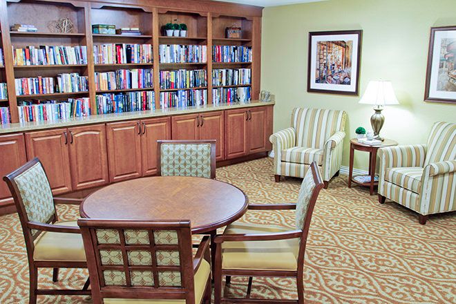 Interior view of Brookdale Loma Linda senior living community featuring dining and living room.