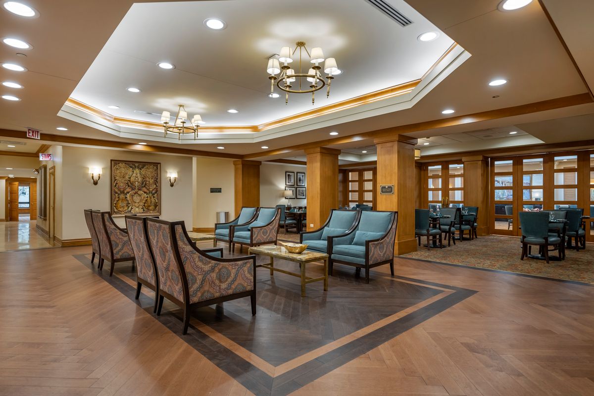 Interior view of Brookdale Lake Shore Drive senior living community featuring elegant architecture and decor.