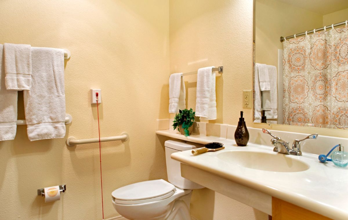 Interior view of a bathroom in Canyon Crest senior living community featuring a sink, toilet, and plant.