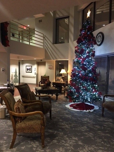 Senior living community room at Our Lady Of Mercy Country Home with Christmas decor, art, and furniture.