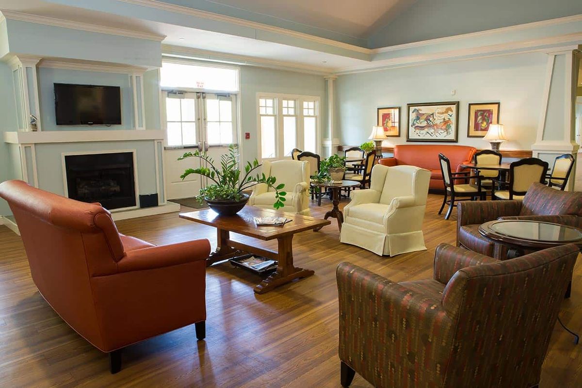 Senior living room at The Stiles Apartments with modern furniture, art, and electronics.