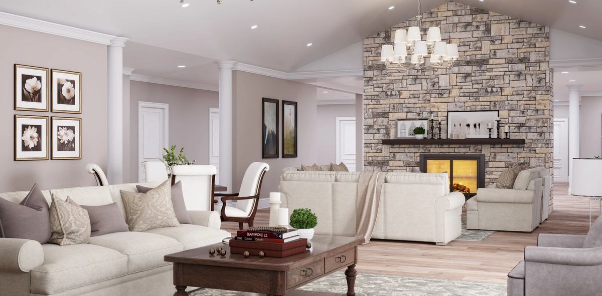 Interior view of Home Decor senior living community featuring modern architecture, furniture, and art.