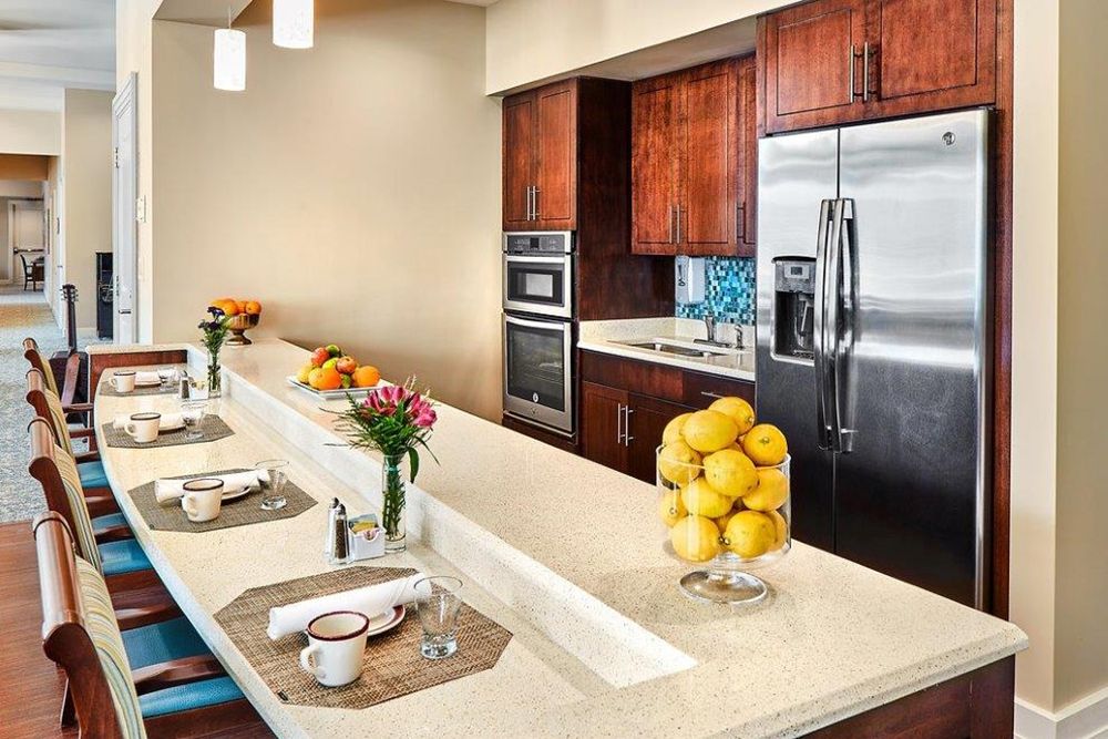 Interior view of The Sheridan at Green Oaks senior living community featuring a modern kitchen.