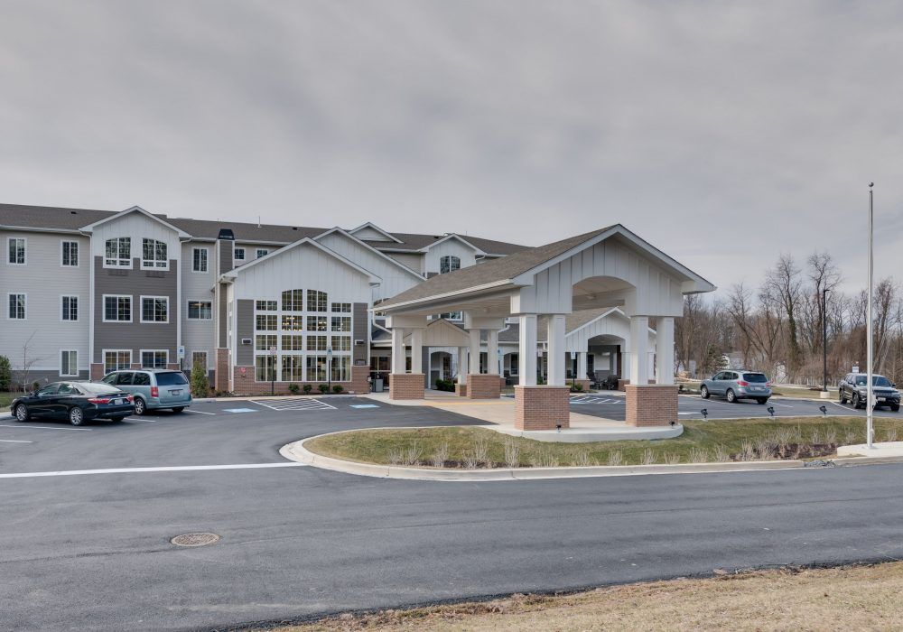 Senior living community, The Landing of Silver Spring, featuring suburban condos and transportation.