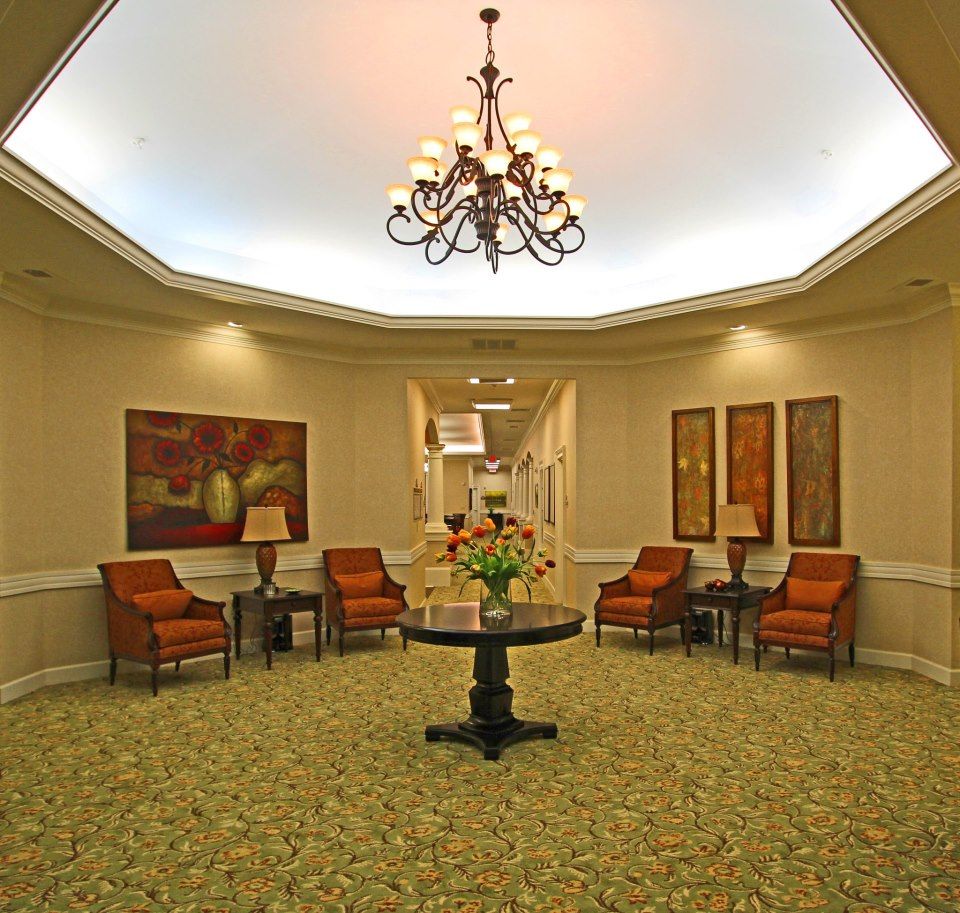 Interior view of Benton House Of Tiffany Springs senior living community reception room.