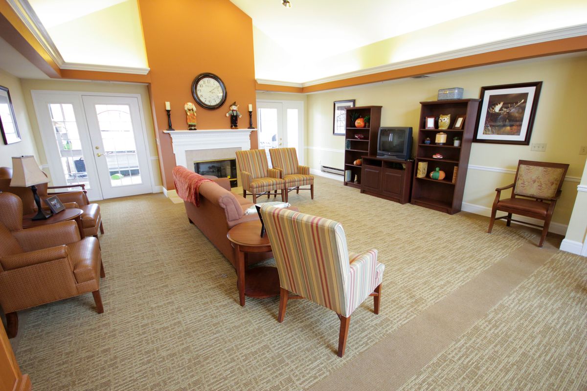 Senior living room interior at Brookdale Troy with modern furniture, electronics, and art decor.