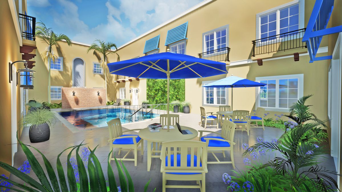 Senior living community, Sunscape Boca Raton, featuring villa-style housing, pool, patio, and modern amenities.
