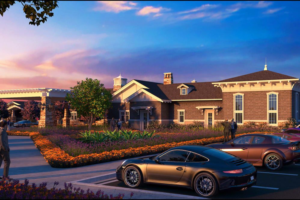 Senior living community in North Tustin, Clearwater with modern architecture and vehicles.