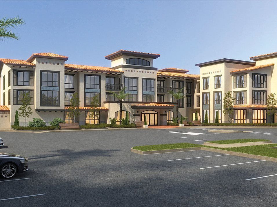 Westmont of Cypress senior living community featuring modern architecture and urban neighborhood.