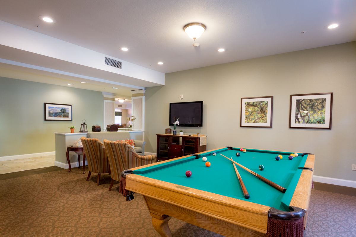 Senior living community interior at Cogir of Stock Ranch featuring art, electronics, and billiard room.