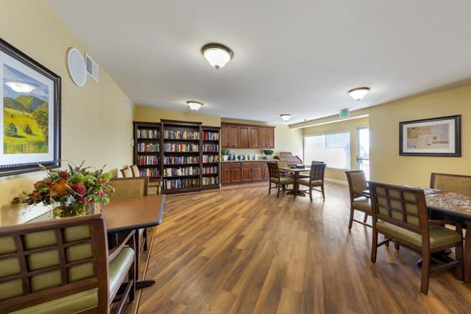 Interior view of Brookdale Valley View senior living community featuring elegant dining room decor.