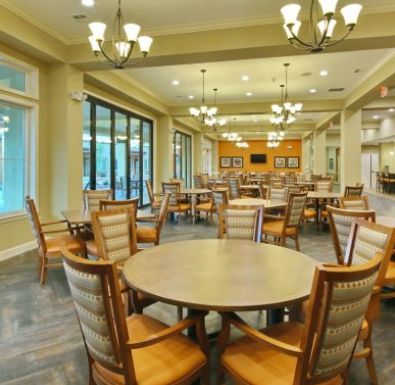 Interior view of The Heritage at Hunters Chase senior living community featuring dining area.