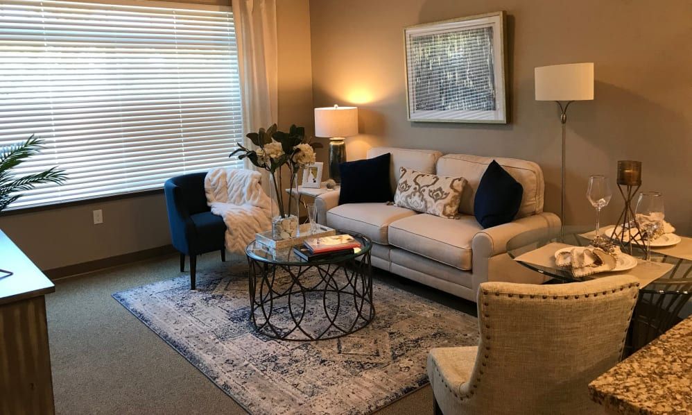 Senior living room at Quail Park At Shannon Ranch with cozy furniture and home decor.