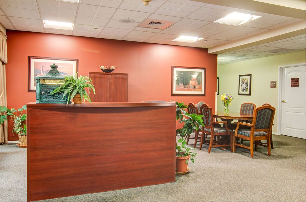 Senior living community Richmond Terrace featuring a welcoming reception area with stylish interior design.