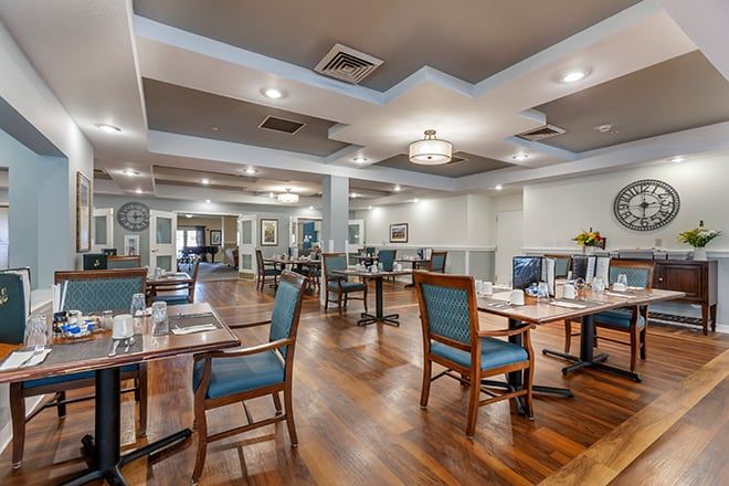 Interior view of Brookdale Chandler Regional senior living community featuring dining area and lounge.