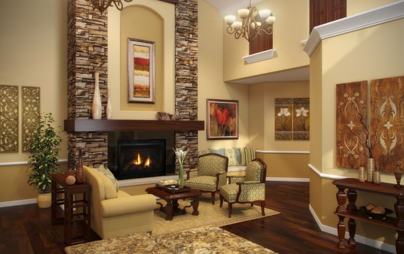 Interior view of Activcare Laguna Hills senior living community featuring elegant decor and fireplace.