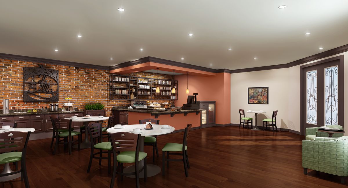 Interior view of The Vincent senior living community featuring dining area, bar, and lounge with modern decor.
