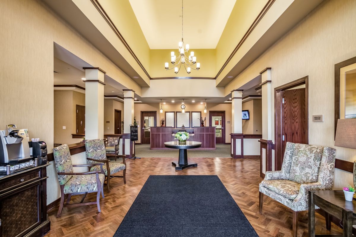 Interior view of Harvester Place senior living community featuring elegant decor and architecture.