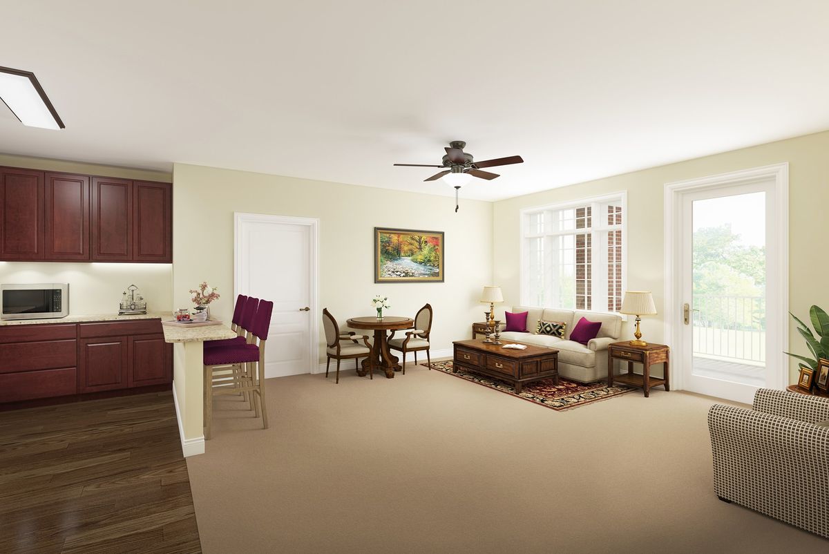 Interior view of Shannondale Health Care Center's senior living room with modern appliances and decor.