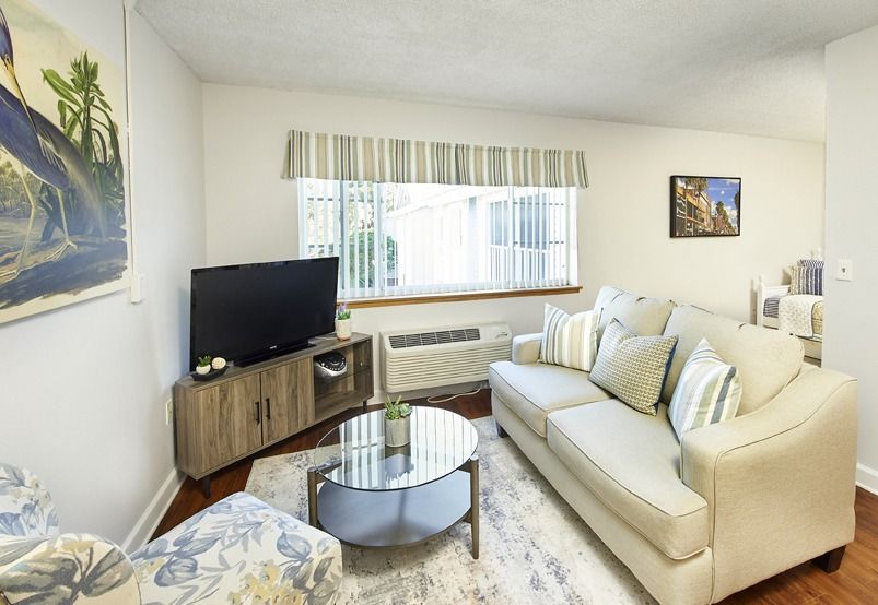 Interior view of Aldea Green senior living room with modern decor, electronics, and art.