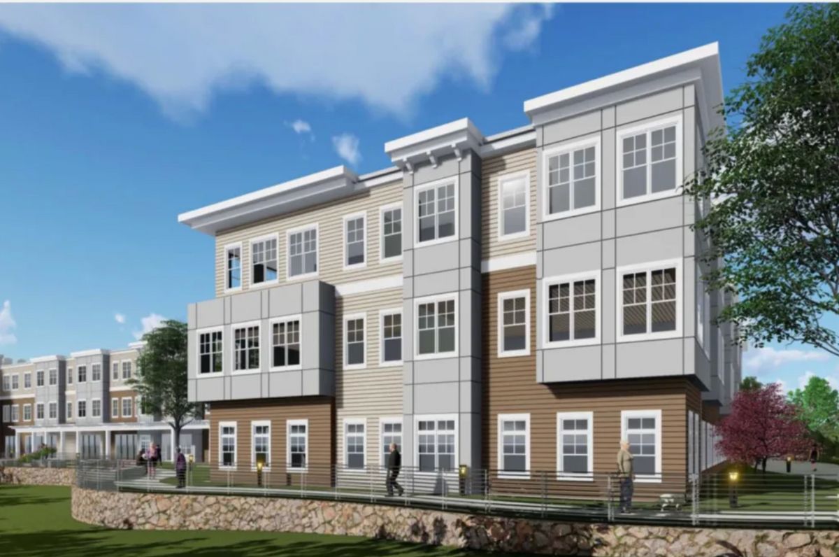 Senior living community in Natick featuring modern architecture, row houses, and condos.