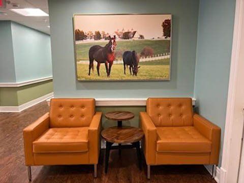 Artistic interior of Legacy Village senior living in Hendersonville with furniture and animal paintings.