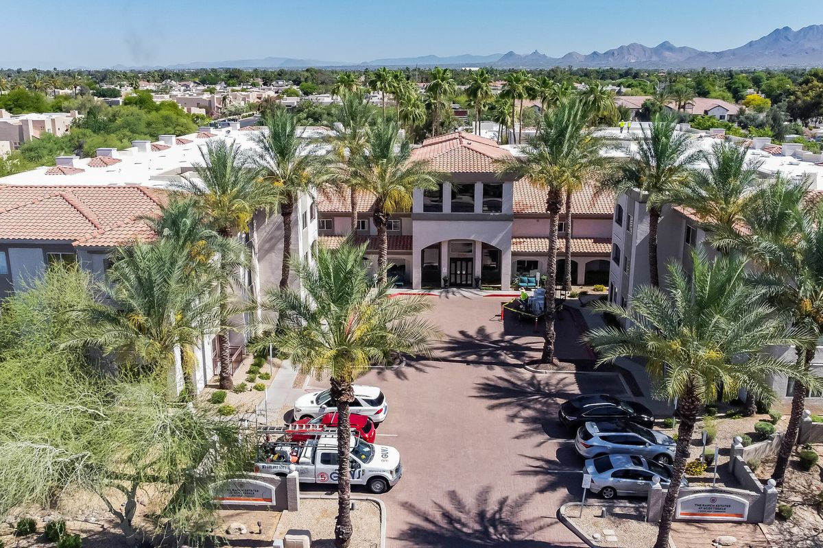 Aerial view of the Ranch Estates senior living community in Scottsdale with lush outdoors.
