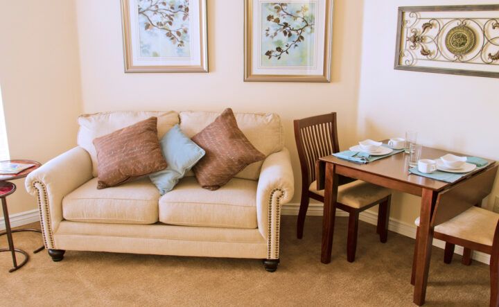 Interior view of Serento Rosa senior living community featuring stylish furniture and decor.