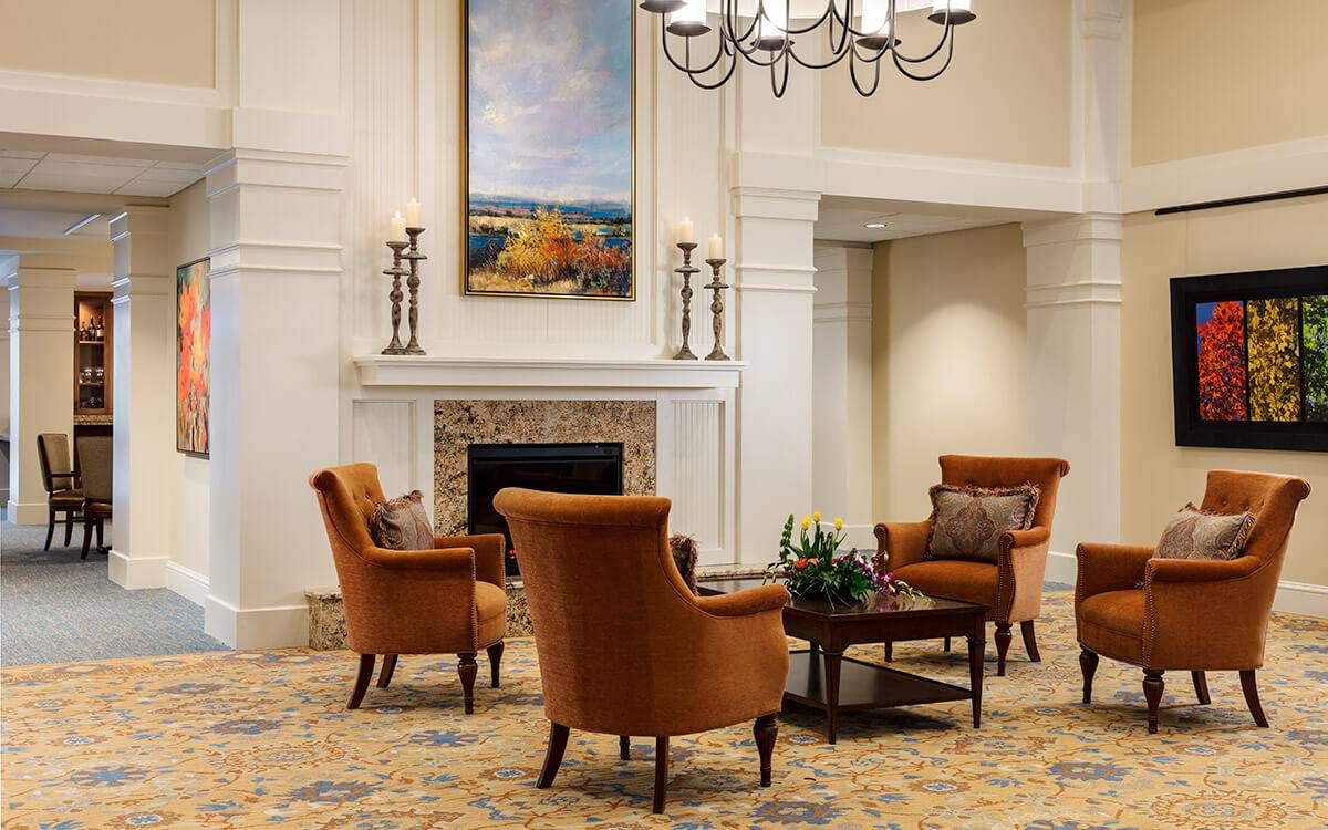 Interior view of HarborChase of Long Grove senior living community featuring elegant decor and furniture.