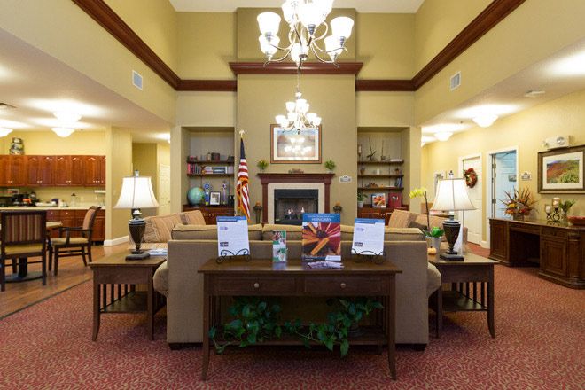 Senior living community in Elk Grove Park featuring elegant interior design, dining room, and home decor.