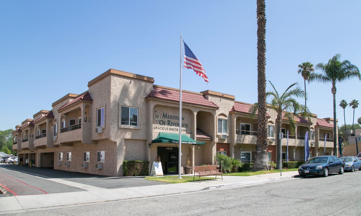 Senior living community in Riverside with condos, urban architecture, and lush gardens.