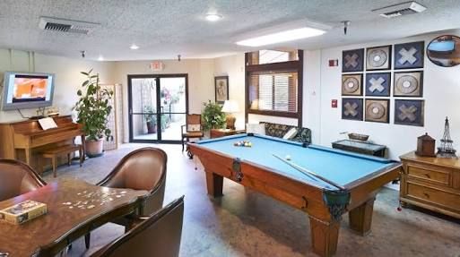 Senior living community billiard room with pool table, computer desk, TV and indoor plants.