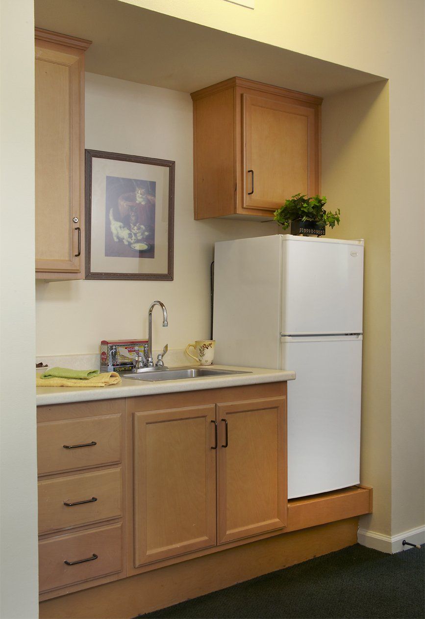 Interior kitchen design at Ivy Park Senior Living, featuring modern appliances, art, and plants.