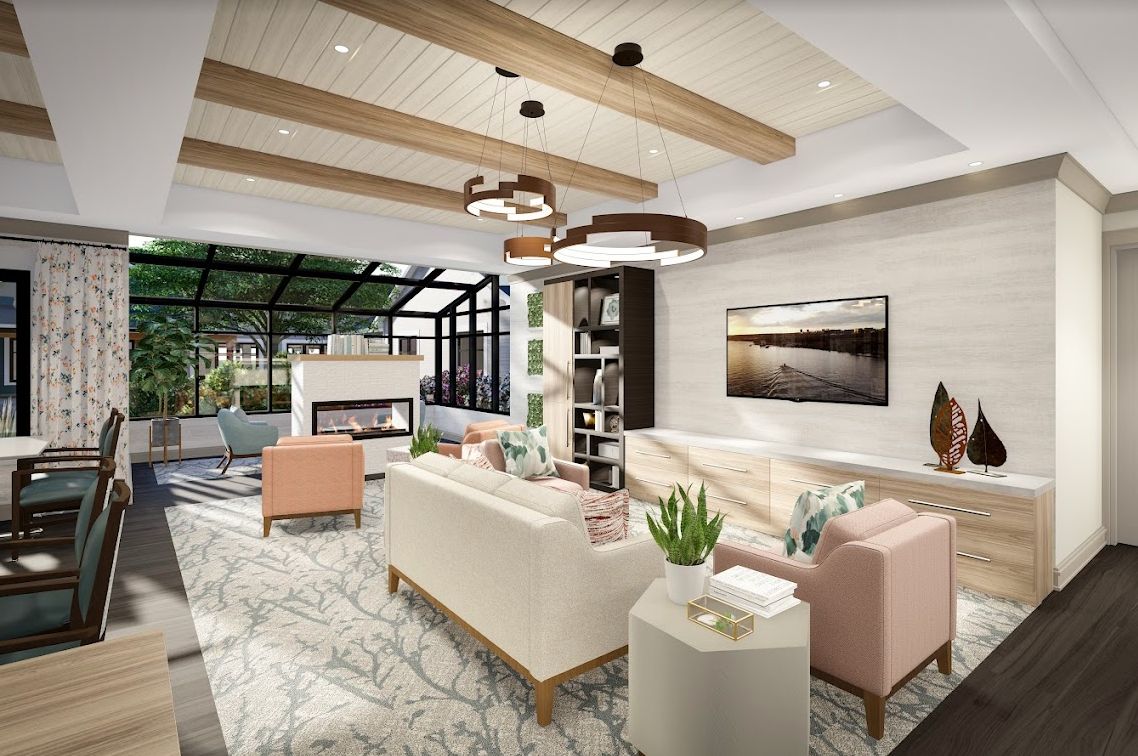 Interior view of Woodlands at Canterfield senior living community featuring modern decor.
