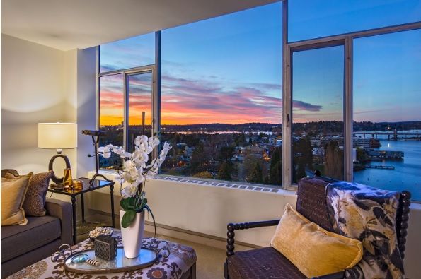 Senior living community Park Shore, featuring elegant architecture, indoor furniture, and scenic outdoors.