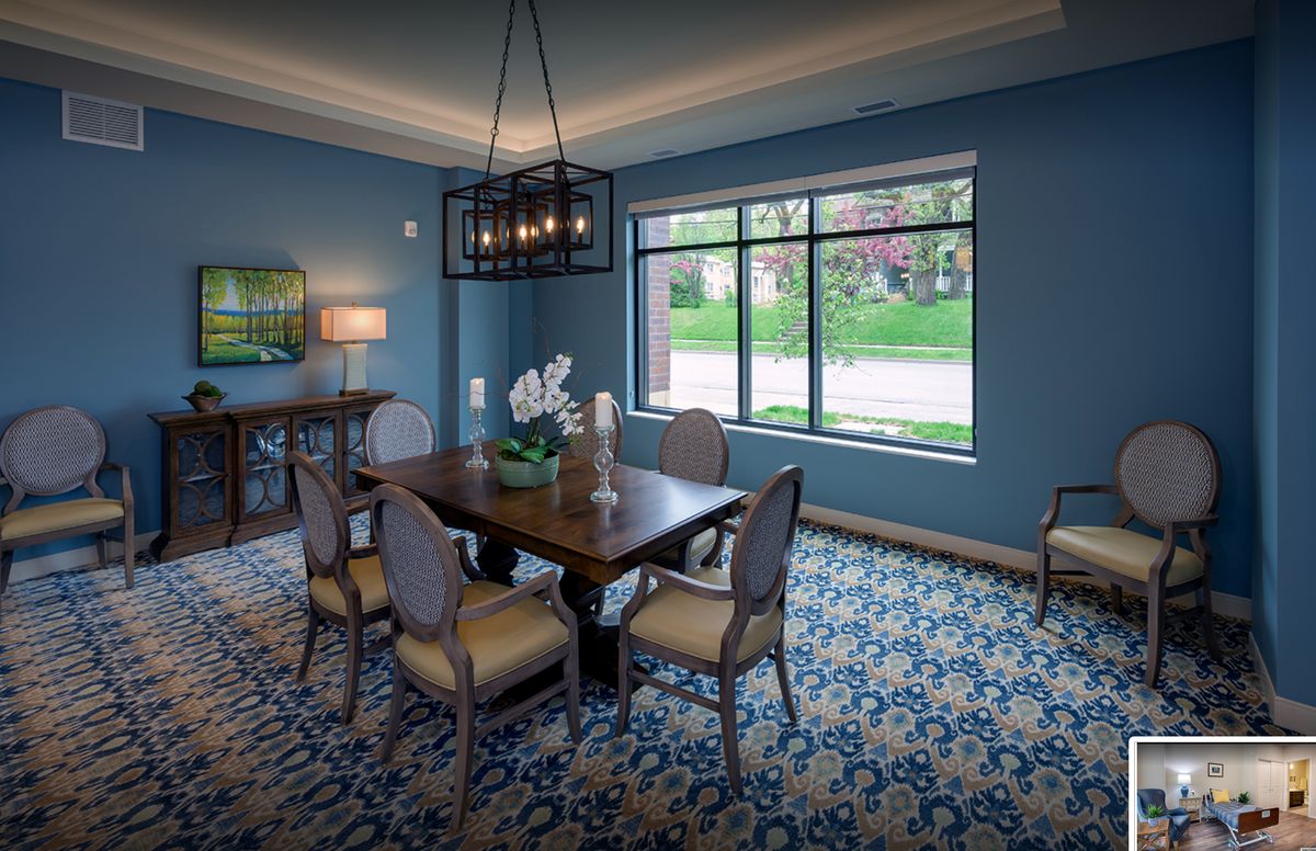 Interior view of a senior living community at Prospect Park featuring dining and living areas.