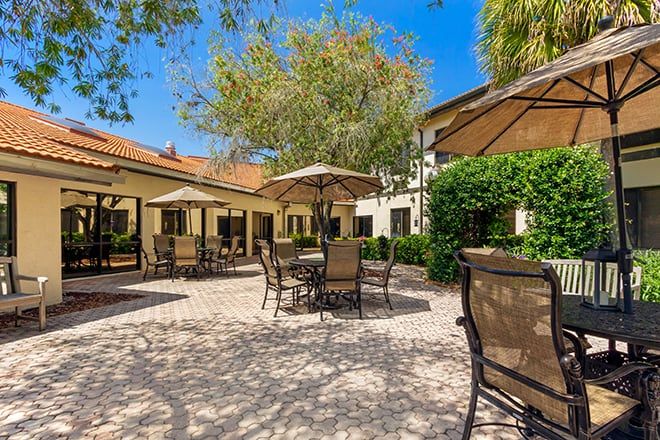 Brookdale Phillippi Creek senior living community featuring villa-style housing and outdoor patio.