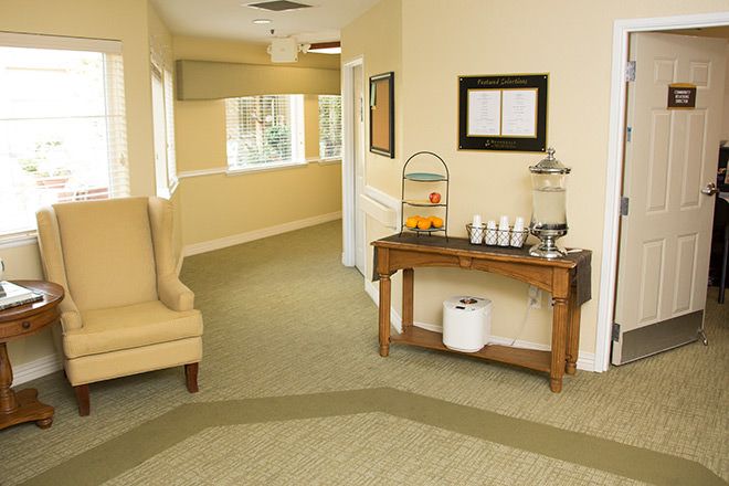 Interior view of Brookdale Roseville senior living community featuring modern decor and furnishings.