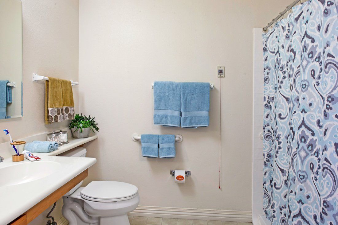 Interior design of a bathroom in Sunrise of Chandler senior living community with plant and towel.