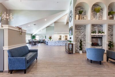 Interior view of The Grove senior living community featuring elegant architecture and decor.