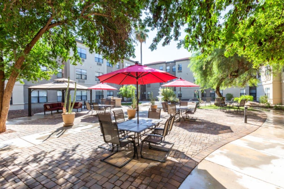 Scenic view of Truewood by Merrill senior living community in Scottsdale with outdoor furniture.