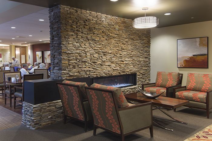 Interior view of Brightview Paramus senior living community featuring modern architecture and decor.