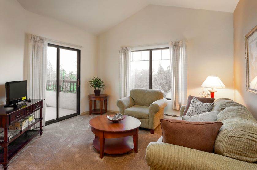 Interior view of Sterling Court senior living community featuring modern decor and electronics.