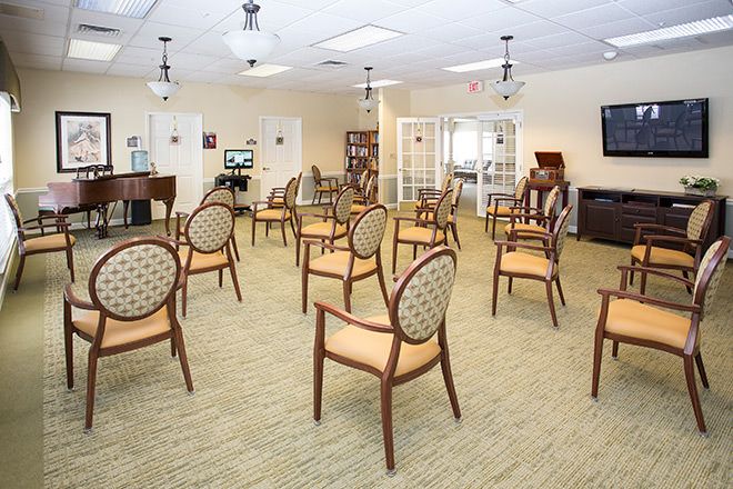 Interior view of Brookdale Roanoke senior living community featuring modern electronics and decor.