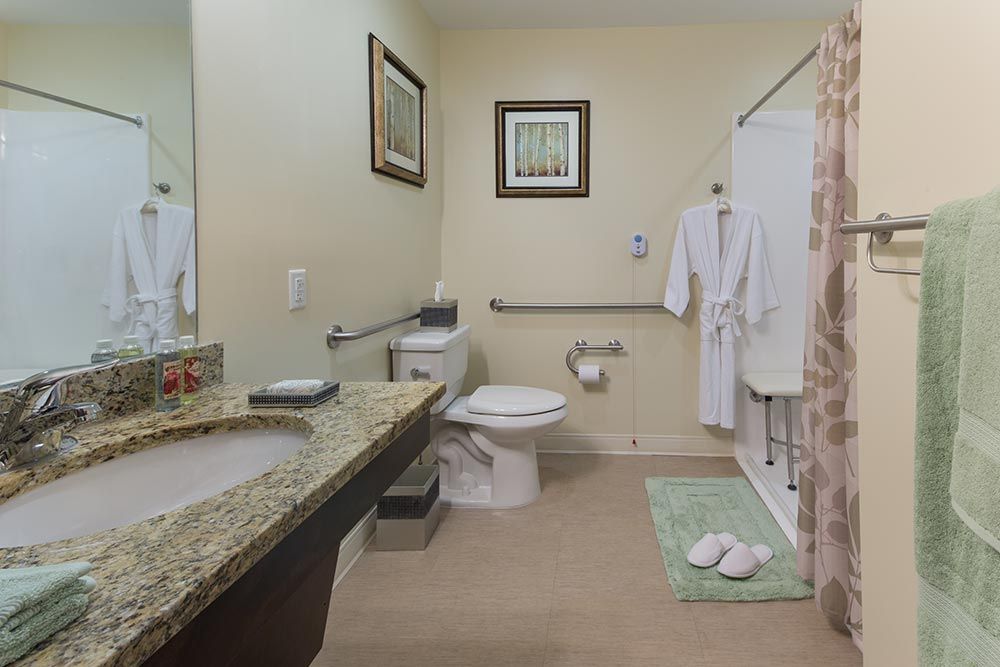Interior view of Benchmark Senior Living On Clapboardtree featuring art-filled bathroom and home decor.