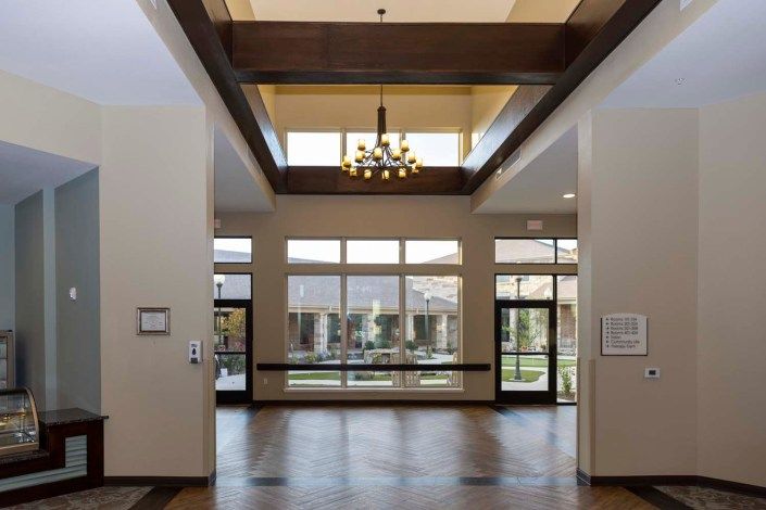 Interior view of Sedona Trace Health & Wellness senior living community featuring elegant architecture.